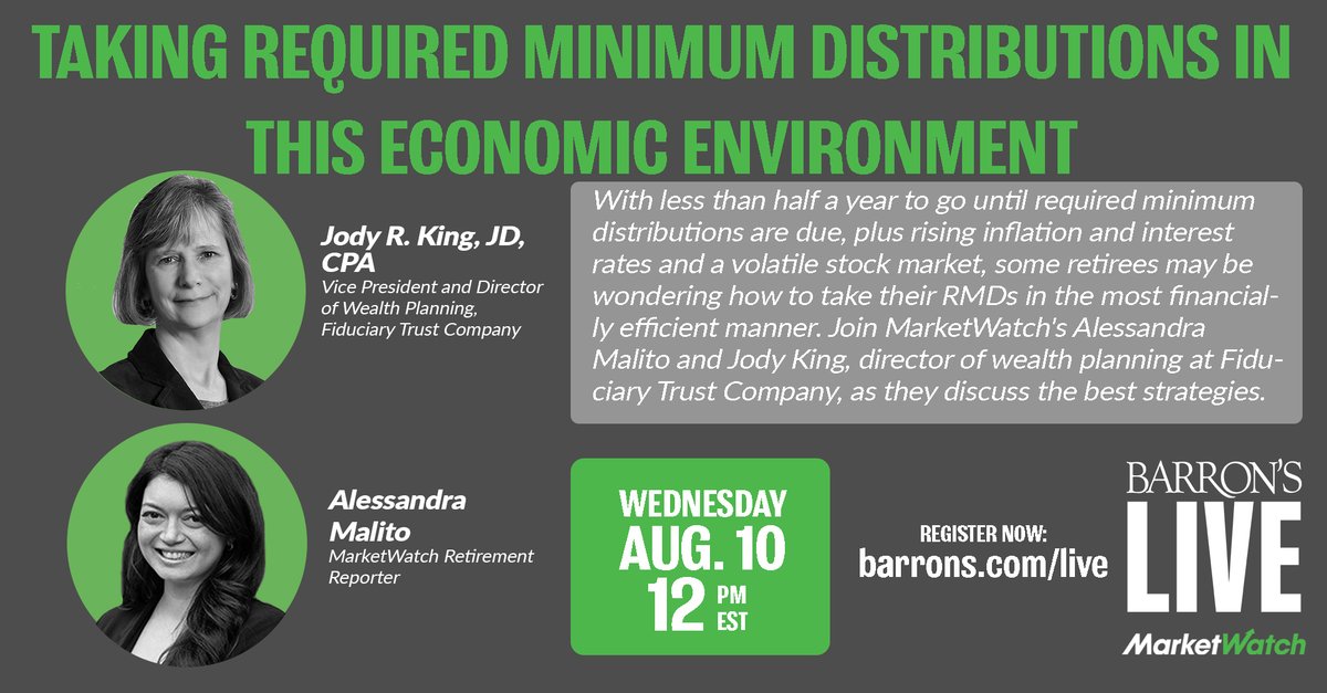 How can you take required minimum distributions amid rising inflation and interest rates and a volatile stock market? <a href="/malito_ali/">Ali Malito</a> and wealth planner Jody R. King will discuss the question.

When: Aug. 10, 2022, noon EST

RSVP: trib.al/DV7pIMY