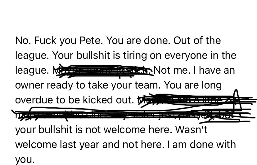 PeteCaragher's tweet photo. I just kicked out of fantasy football league by 60+ year old suburban boomer. He was offended by my #MEMES and a trade I made last season #tommypham #FantasyFootball #iswar @YoanMuhma #cantmakethisshitup https://t.co/hStMwDe3oL