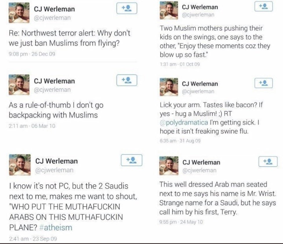 somebody20_'s tweet photo. @cjwerleman @CJWerlemanShow Talking shit about ex Muslims when we criticize Islam but you literally being bigotted towards Muslims https://t.co/QayQ7nyCTq