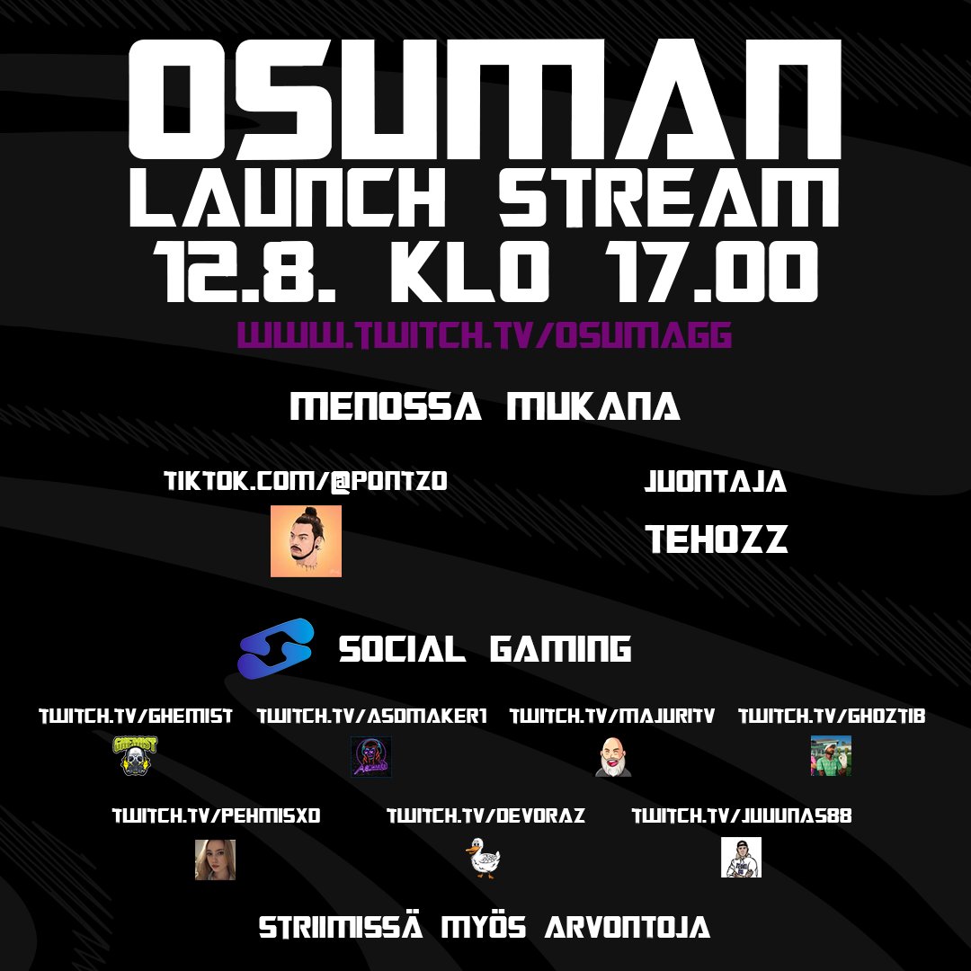 OSUMAgg's tweet photo. Siitä kaikki porukalla seuraamaan livejä kuvasta näkyviltä tileiltä perjantaina! #esportsfi https://t.co/y0pmU3ZFGk