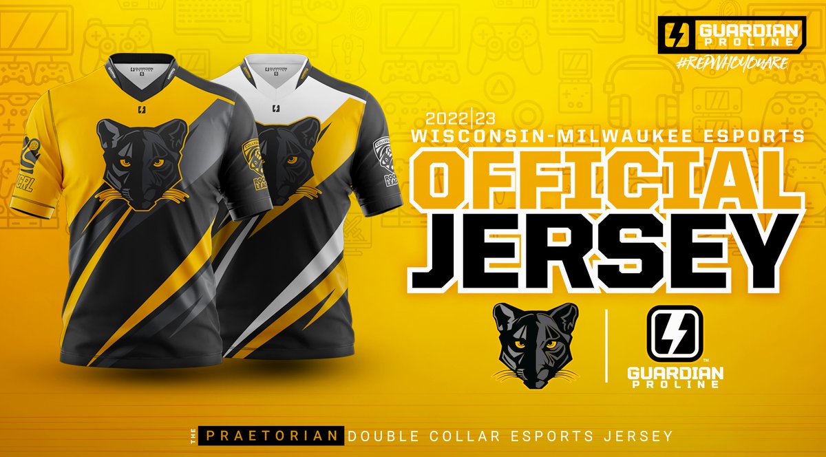Gold Home/White Away jersey for the <a href="/UWMRocketLeague/">Rocket League UW-Milwaukee Official Page</a> team! Great things happening with Wisconsin esports!! 🧀#esports #esportsedu