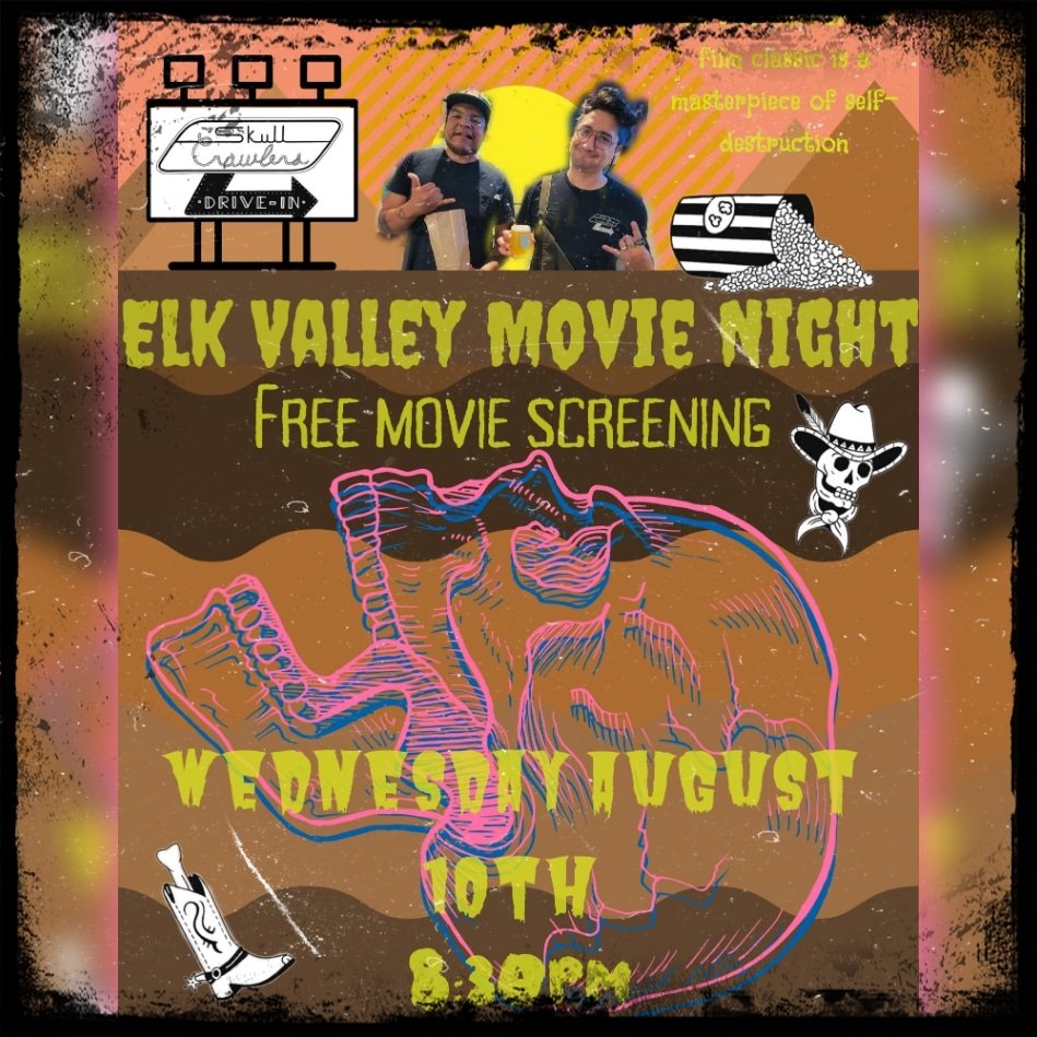 Don't forget we've got <a href="/_SkullCrawlers/">Skull Crawlers Movie Club</a> back at it again with the Skull Crawlers Drive-In movie Wednesday night!! Show is at 8:30pm and is FREE!!! See ya Wednesday!!

#elkvalleybrewing #elkvalleybrewingco #elkvalleymovieclub #elkvalleymovienight #skullcrawlersdrivein