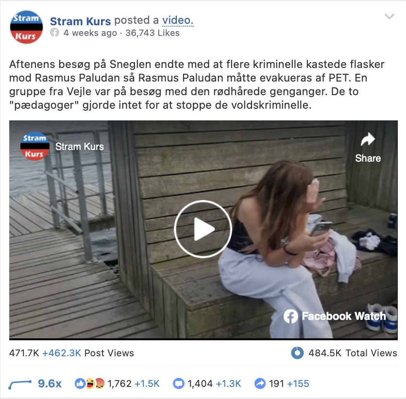 ValdemarOsted's tweet photo. Stram Kurs får i øjeblikket en del flere videovisninger (3 sekunders afspilninger) end de gjorde under #FV19.
Det skyldes særligt Sverige, men også det her opslag som næsten får en halv million visninger #dkpol https://t.co/p5LFMrWi18