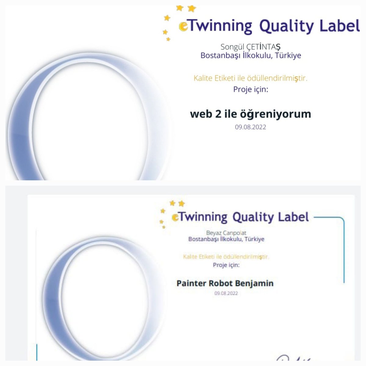 Okulumuzda yürütülen eTwinning projelerinin 6 tanesi Kalite Belgesi Ödülü almaya hak kazanmıştır. Öğretmenlerimiz, Özden KURDAL'ı, Sibel AKBAŞ'ı, Cevrihan SİVRİKAYA 'ı, Aslı KAYA'ı, Songül ÇETİNTAŞ'ı ve Beyaz CANPOLAT'ı tebrik ediyoruz. <a href="/MalatyaMem/">MALATYA İL MİLLİ EĞİTİM MÜDÜRLÜĞÜ</a> <a href="/yesilyurtmem44/">Yeşilyurt İlçe Millî Eğitim Müdürlüğü / MALATYA</a> <a href="/cemalkalay44/">cemal kalay44</a>