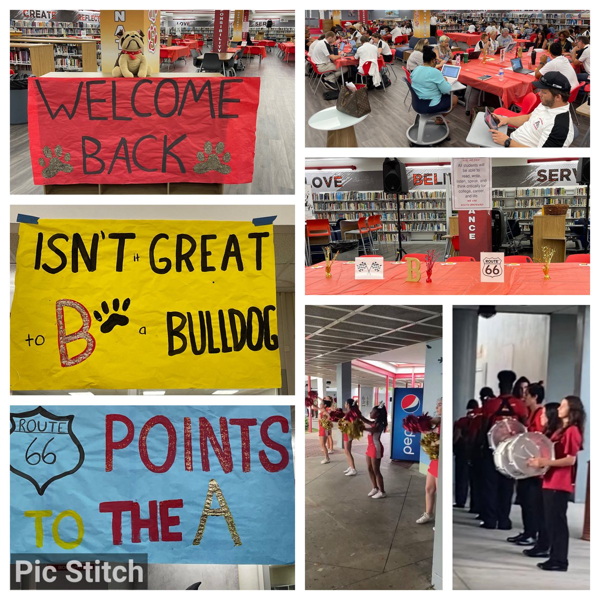 BCPSDirector's tweet photo. A hot breakfast, drum line, cheerleaders, a red carpet, new shirt, gifts, music, and entertainment is how SBHS welcomes teachers and staff back. And everyone LETTERED! They earned the B! I love this family! Yes! We Can! We are…#SOUTHBROWARD!❤️💛@AlanStraussbcps @SBHSBulldogAth https://t.co/8eeUYalntf