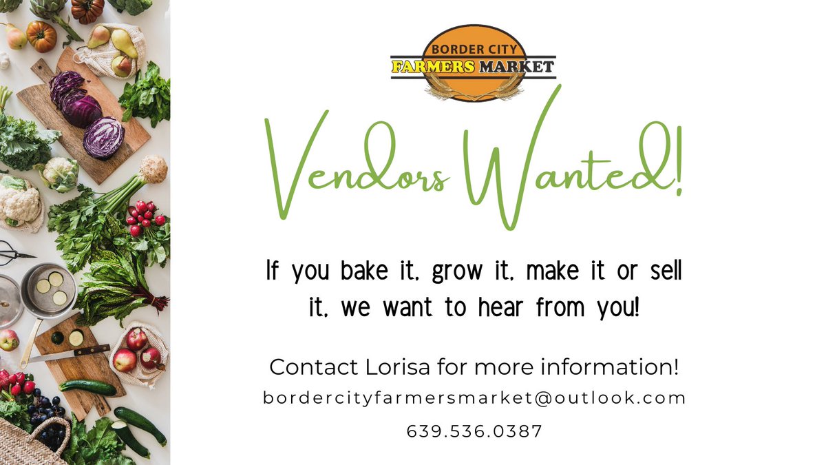 lloydBCFMI's tweet photo. We are looking for more vendors to join our market! 

If you bake it, grow it, make it or sell it, we want to hear from you! Please contact Lorisa at 639-539-0387 or bordercityfarmersmarket@outlook.com! 

 #bordercityfarmersmarket #vendorswanted #supportlloydminster https://t.co/4LHnbvxmqG