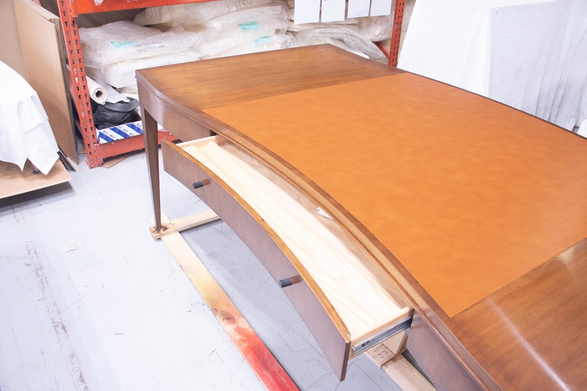 CouncillCraft's tweet photo. This beautiful Hugo Table desk typically is made from Mahogany, but we made this one in Walnut with Bourbon leather and we love how it looks finished!  
#desk #walnut #leather #lux #customwood #madeforyou #madeintheUSA #customfinish #homeoffice #luxury https://t.co/q9KM6TqBZc