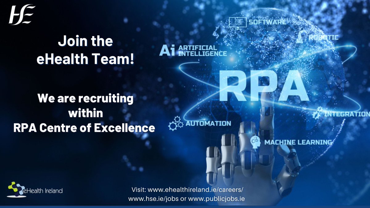 #eHealth RPA CoE are inviting applications for the roles of
- RPA CoE Solution Architect(s)
- RPA CoE Operations Manager(s) . Job applications &amp; Spec on link  ➡️ bit.ly/3KwGfuT

#eHealth4all #recruiting @treasadempseyh <a href="/jcwemyss/">Joyce Shaw</a>  <a href="/kevinjkel/">Kevin Kelly</a> <a href="/Mark_Bagnell/">Mark Bagnell</a>