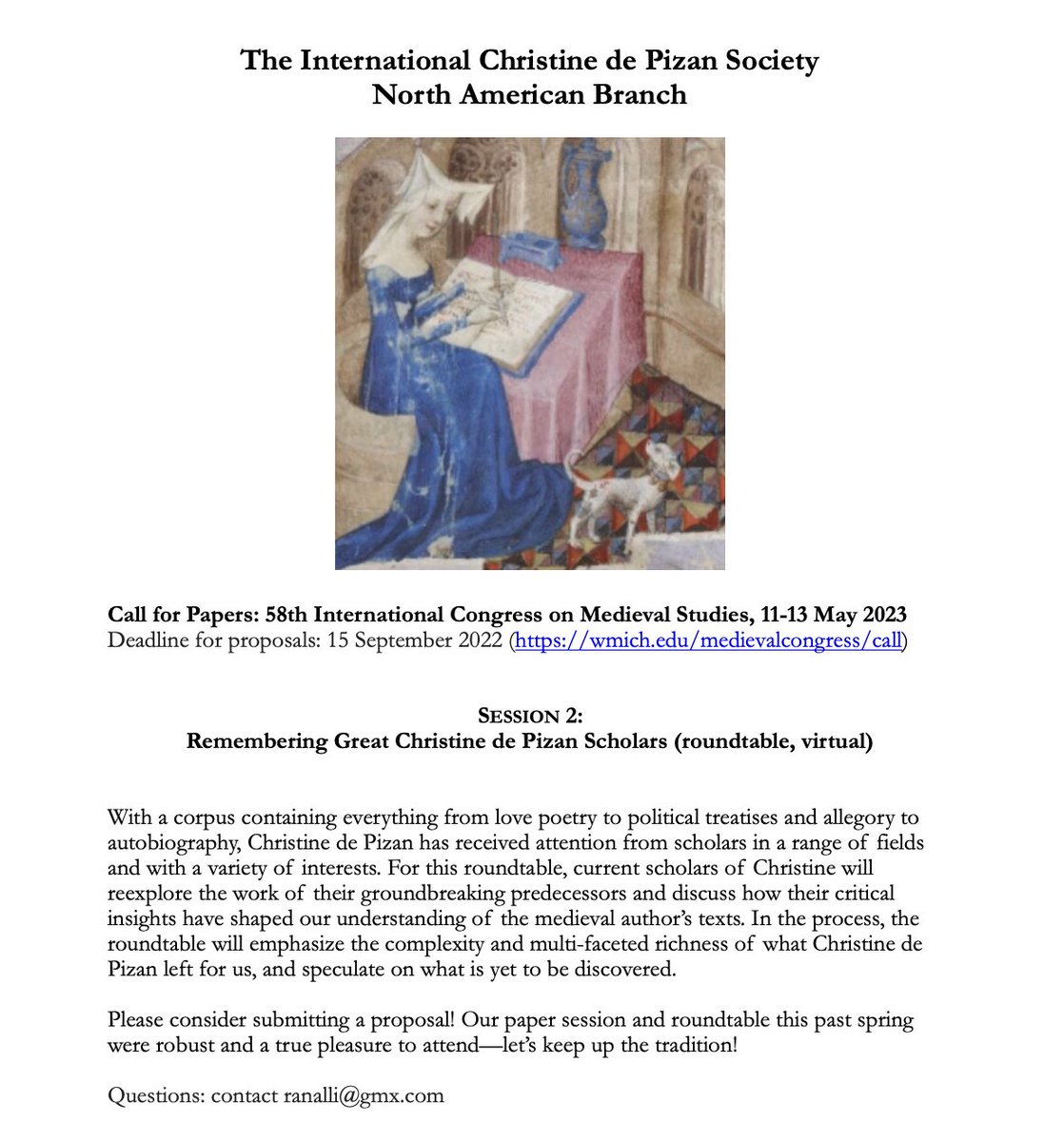 CFP: The International Christine de Pizan Society—NA Branch will sponsor *2* sessions @ @KzooICMS 2023

Session 2:
Remembering Great Christine de Pizan Scholars (roundtable, virtual format)

#medievaltwitter #ICMS2023 #CFP