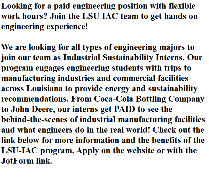 lsu_iac's tweet photo. Looking for a paid campus engineering position with flexible work hours? Join the LSU-IAC team to get hands-on engineering experience! 
@LSUCM 
@LSUEngineering 
@LSUEVEG 
@LSU_CEE 
@LSU_SG 

https://t.co/6cbGKJky9x
https://t.co/xrsdZRTHze https://t.co/kzq34DzAuS