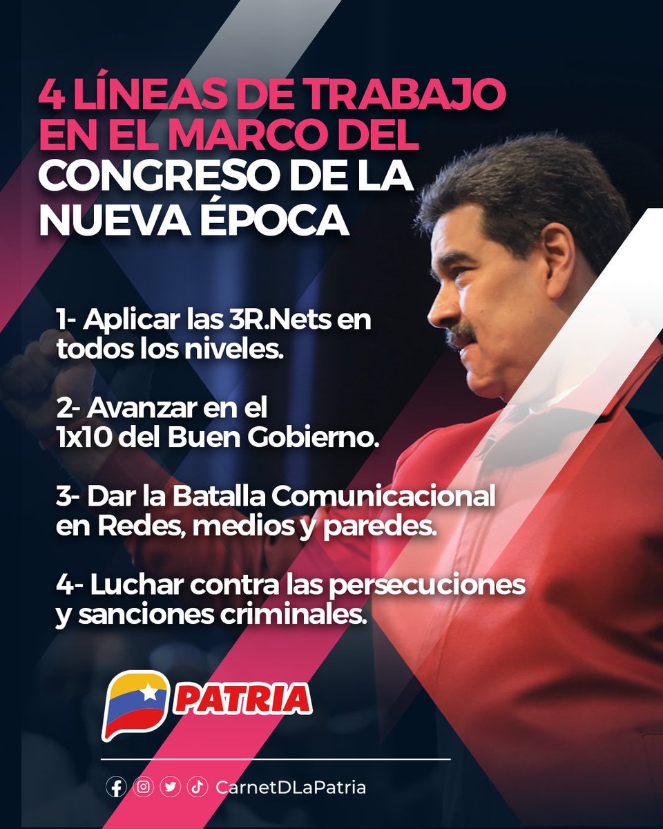 #IMPORTANTE El #SistemaPatria, te da a conocer las 4 líneas de trabajo en el marco del congreso de la nueva época.
Sigamos firmes, preparados y movilizados, adelante con las 3R.Nets y el 1X10 del Buen Gobierno.
¡Sí se puede!

#AlRescateDeNuestrosBienes #LosQueremosDeVuelta #9Ago