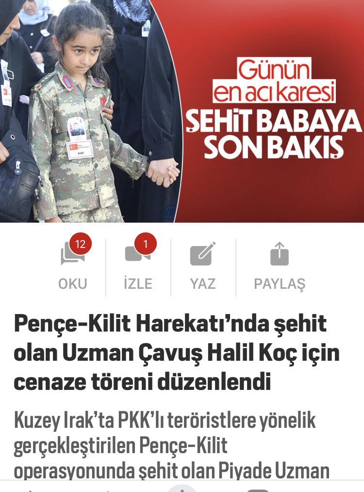 Dün şehit olan Uzman Çavuş Halil Koç’un evladı
Biz bu vatanı herşeyden çok sevdik
Bizi amirin insiyatifine bırakmayın
<a href="/RTErdogan/">Recep Tayyip Erdoğan</a> 
#UzmÇvşlaraMeslekiGüvence