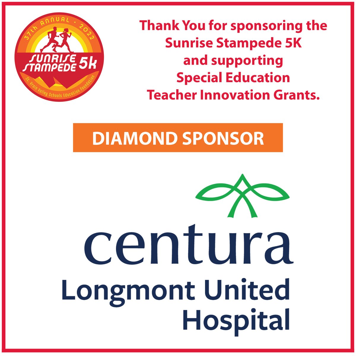 Thank you @LongmontUnited and @CenturaHealth for supporting the Sunrise Stampede 5K this Saturday! FYI, runners and walkers, registration with a t-shirt end at 12pm TODAY (August 9th)! After 12pm, registration will not include a t-shirt (our order is due today). Thank you LUH!