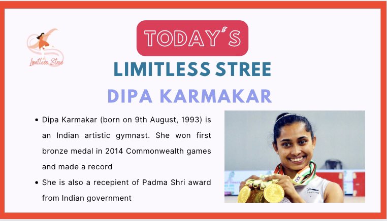 Limitless_Stree's tweet photo. Limitless Stree celebrates the journey of Dipa Karmakar @DipaKarmakar !
She represented India at the 2016 Summer Olympics in Rio de Janeiro, becoming the first Indian female gymnast ever to compete in the Olympics
#womeninsports #womenempowerment #arjunawardee #padmashriawardee https://t.co/vkFOig6Wju