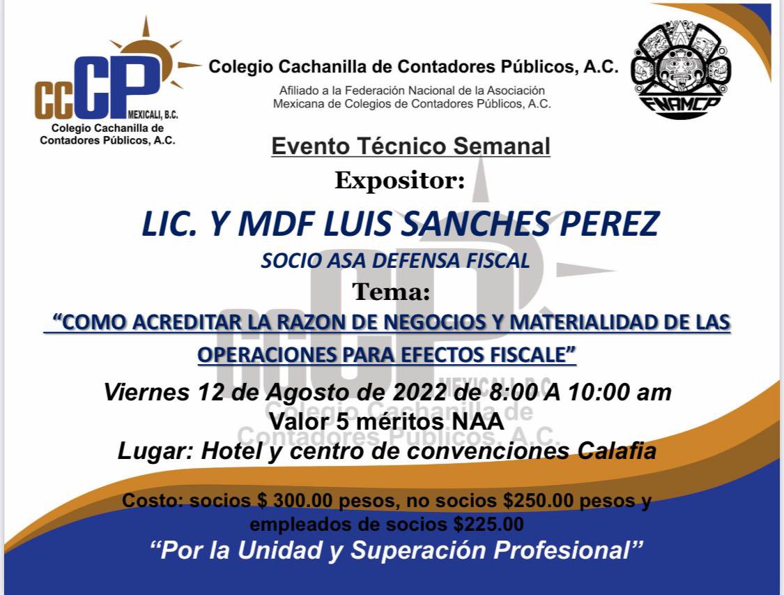 ADefensafiscal's tweet photo. Estimados clientes y amigos, nuestro socio Luis Alberto Sánchez Pérez participará como expositor en el evento técnico semanal del Colegio Cachanilla de Contadores, este Viernes 12 de Agosto.
#clausulaantiabuso #cccpm #fiscal #DerechoFiscal #contadores #Mexicali #DefensaFiscal https://t.co/pue2oQgJ5h