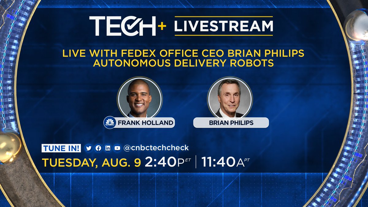 🚨Join us for a special TechCheck+ livestream today with @FedExOffice CEO & President Brian Philips! 🤖Robots, deliveries, AI-powered tech all on deck 👉@frankcnbc leads the convo at 2:40p ET 🗣️Watch here: youtu.be/dxsJdpctL9I