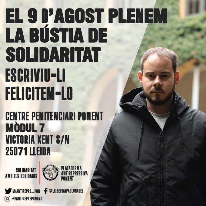 assemblea's tweet photo. ⬛️⬜️ Avui en Pablo Hasel fa anys a una presó injusta. 

Encara ens queda lluita per fer, per la seva llibertat i per la de tots.#TornemhiPerVèncer!

Amb tu @PabloHasel!
#LlibertatPabloHasel! https://t.co/MVb5Eu5PuP