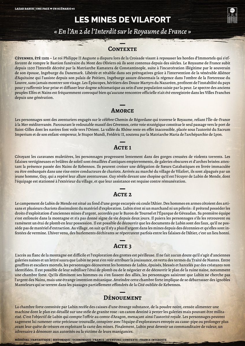 LazarBaruk's tweet photo. Une page, un scénario. Aujourd'hui, Cévennes et France medfan uchronique.
#JDR #rpg #medfan #uchronie #DD5 #cevennes #villefort #gevaudan https://t.co/tqClhyd6zh