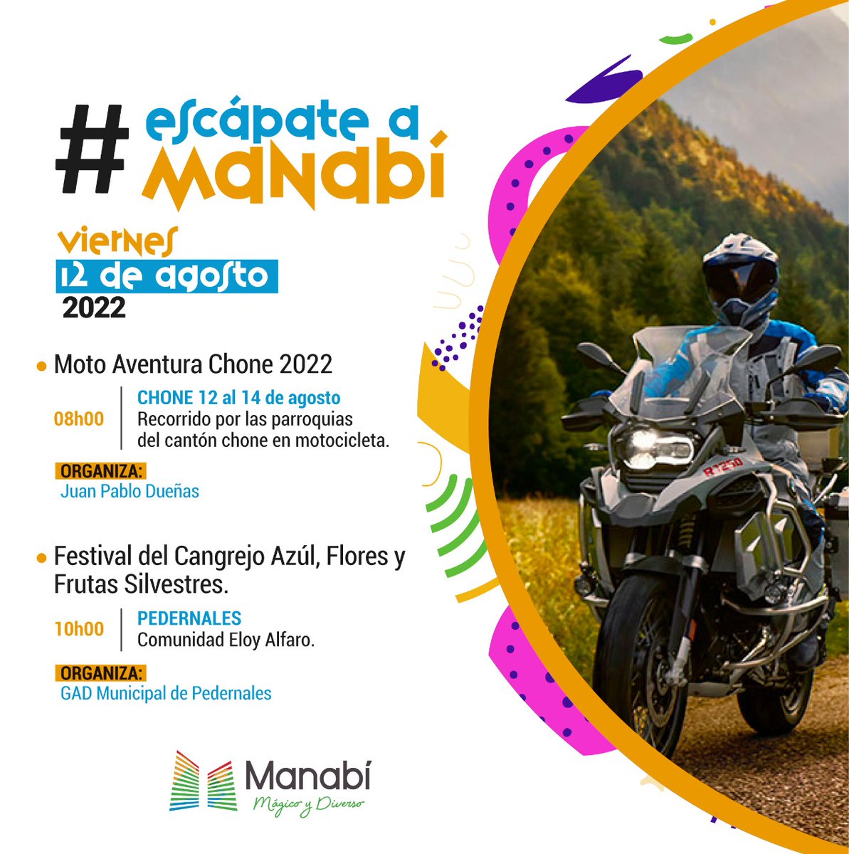 PrefecturManabi's tweet photo. ¡Se viene el feriado! 🌅🌊😎🏞️ #EscápateAManabí
Estos son los eventos para este feriado organizados por los distintos cantones y parroquias de nuestra provincia.
Conoce lo que tienen preparado para ti🙌
#Manabi #FeriadoEc #MagicoYDiverso
⬇️ https://t.co/OPt0lbAcIZ