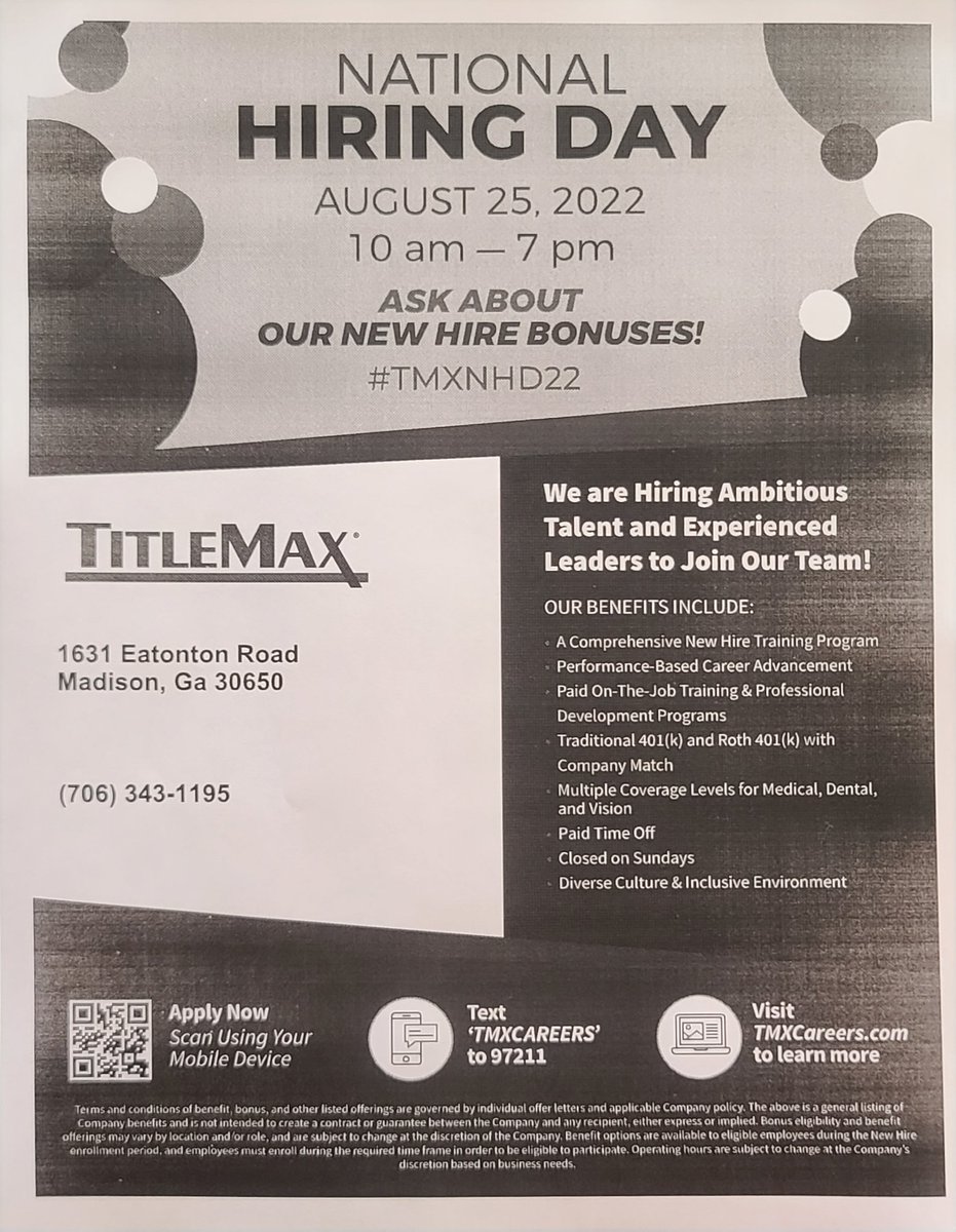 Sherry11742's tweet photo. TitleMax is hosting a National Hiring Day on August 25, 2022. We are doing open interviews all day. We have positions in Monroe, Covington and Conyers to fill! Come out and join a great company! https://t.co/nRno8YgL7S