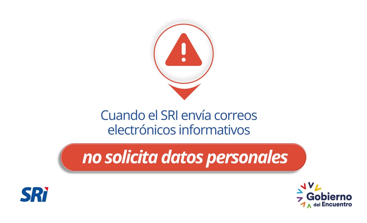 SRIoficialEc's tweet photo. ¡Recuerda! 📢

Los correos oficiales del @SRIoficialEc terminan en:
✅ https://t.co/6CbJz9O8kh
✅ https://t.co/3AttH49F4u

Consulta tu buzón de contribuyente 📩y evita abrir correos de direcciones desconocidas. https://t.co/DJGIaqgbWZ