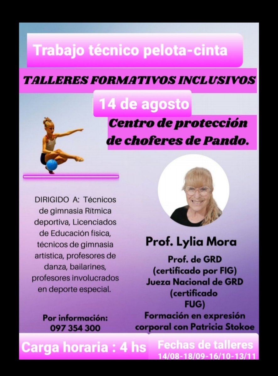 PandoCentro's tweet photo. Segunda instancia de la Capacitación en GIMNASIA RÍTMICA DEPORTIVA, taller formativo inclusivo!
Prof. Lylia Mora, por consultas 097 354 300 ☎️ https://t.co/jur3JEqC8d