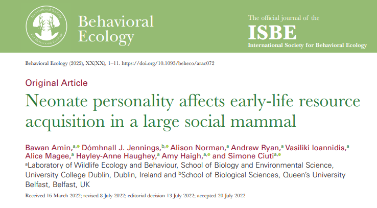 Bio_Bawan's tweet image. 🚨New Paper🚨

Very happy to have my 2nd PhD chapter out in 
@BehavEcol. We (@UCD_Wildlife) show how #animalpersonality of neonates predicts their time budgets months later, after they've joined the herd.  

All #OpenAccess!

🔗tinyurl.com/3n8fda92