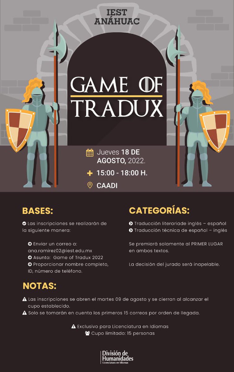 IEST_Idiomas's tweet photo. ¡Ya pronto llega el Game of Tradux! 
¿Estás listo? 💻✨
• 18 de agosto, 2022
• Inscripciones: Hoy, martes 09 de agosto.
✨Exclusivo para alumnos de Idiomas✨
 #idiomasiest #IESTAnáhuac https://t.co/2aMToC5GU0