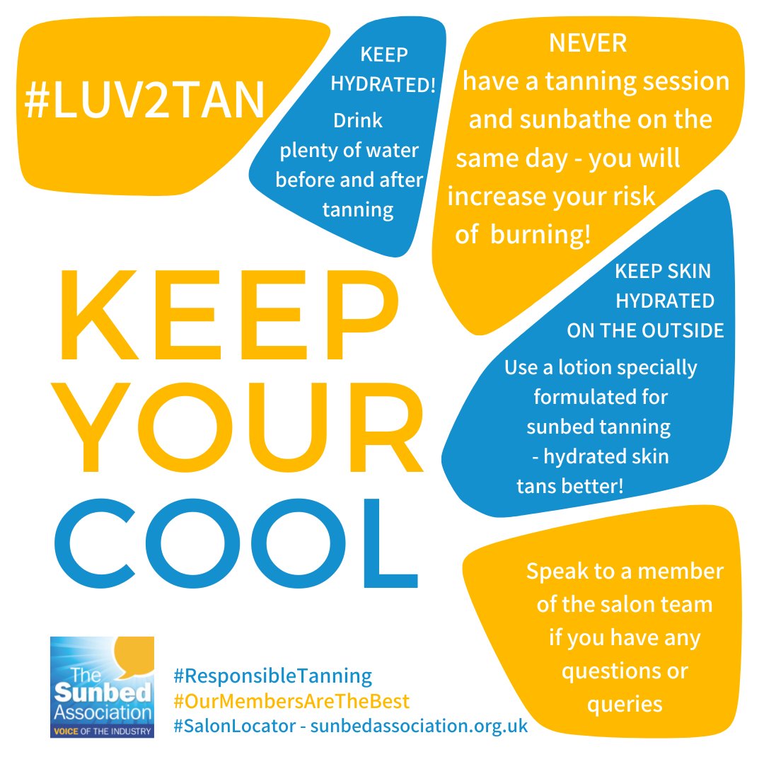 Temps are rising again! Remind customers to keep hydrated + definitely NO sunbathing + sunbed session on the same day - this will increase risk of burning! Download/display this poster A3 + A4 versions in the Members' Zone on our website. #ResponsibleTanning #OurMembersAreTheBest