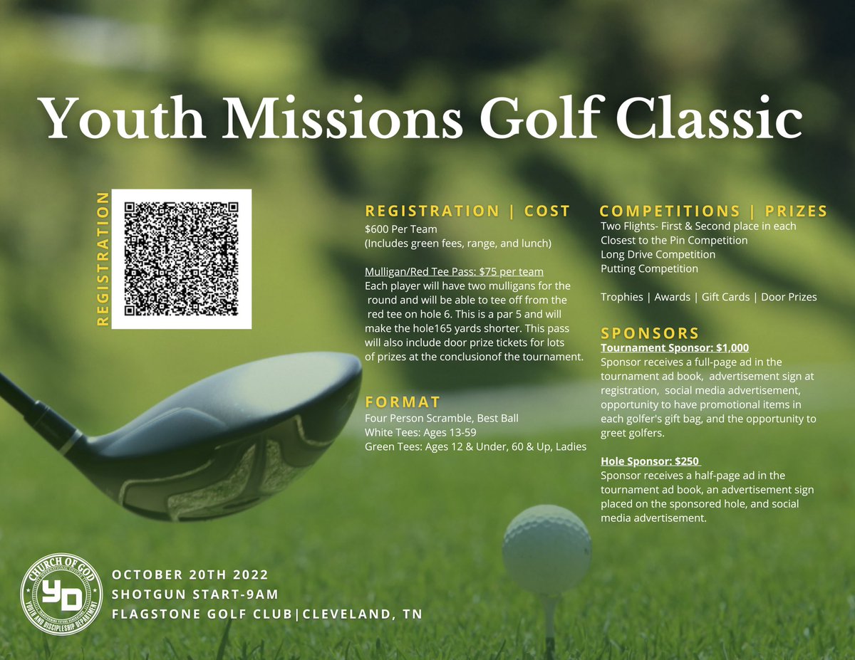 Did you hear?? 
The First Annual International YD Youth Missions Golf Classic is still happening this year! The new date is October 20th. Golfers and sponsors, don’t wait! For more info- contact Daniel Maples at dmaples@churchofgod.org or 601-508-2019.

form.jotform.com/220884023477054