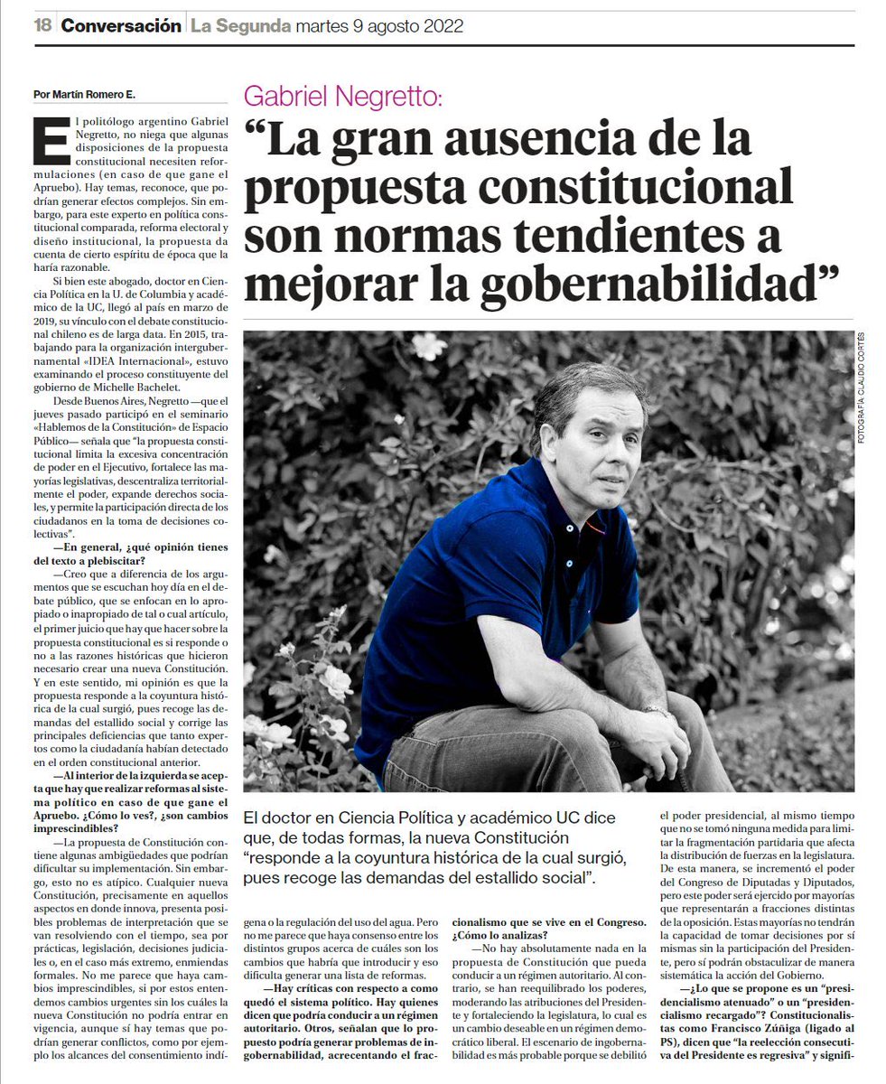 icp_uc's tweet photo. La nueva Constitución “responde a la coyuntura histórica de la cual surgió, pues recoge las demandas del estallido social”, afirma nuestro profesor y Jefe de Doctorado, Gabriel Negretto, en @La_Segunda donde realiza un análisis sobre la propuesta de nueva Constitución 🇨🇱 
👇 https://t.co/9ypGDWKHxE