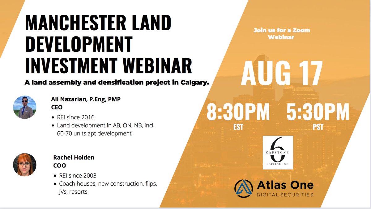 Atlas One would love to invite accredited investors to the Manchester Land Development Investment Webinar!
This is a great opportunity to learn about a land assembly and densification project in Calgary. 

Click the link below to register for the webinar:
us06web.zoom.us/webinar/regist…
