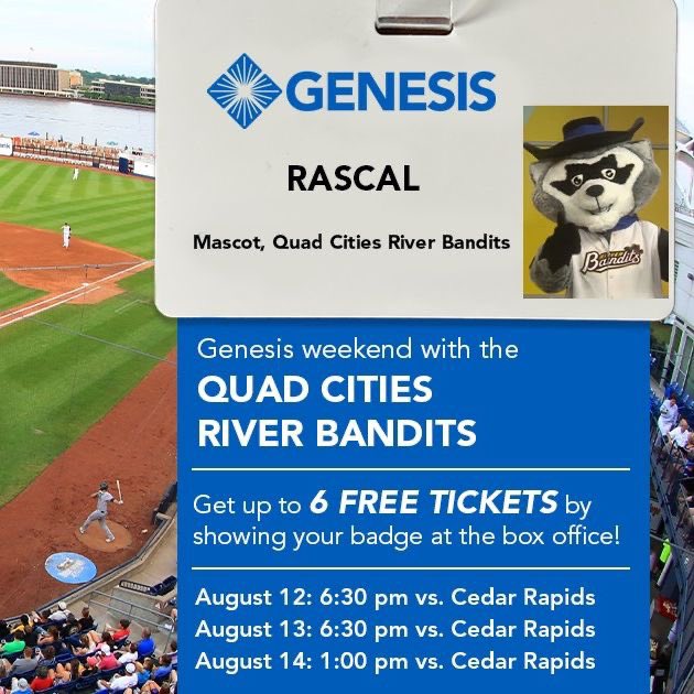 ☎️Calling all Genesis Health System employees and families! Join us THIS weekend at the ballpark to watch the QC River Bandits . ⚾️💙 Upgrade your tickets to Box seats for $5/tickets. #GenesisHealthSystem #QCRiverBandits #Baseball #Careers