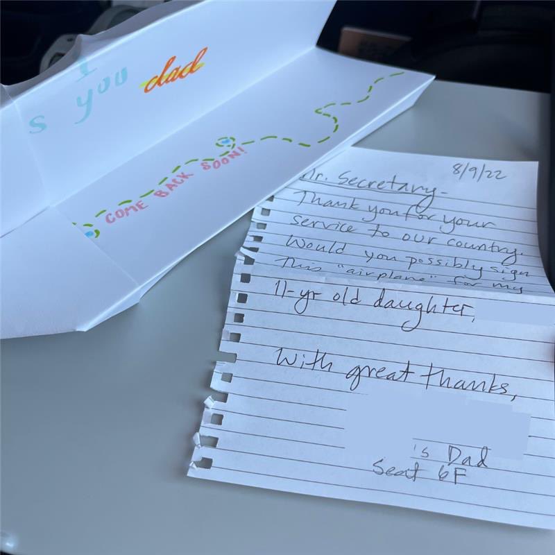 SecretaryPete's tweet photo. On planes, people sometimes pass a note or ask me to sign something, never as adorable as this one from today. It’s a simple and good reminder of why we do this work—first and foremost, to make sure everyone gets home safe. https://t.co/2SkQs3J9YQ