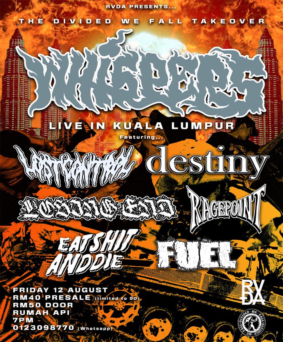 Jenn_Thompson's tweet photo. #ONGROUND LIVE: @RVDA6 presents @Whispers THE DIVIDED WE FALL TAKEOVER
ft. @LostControlMY #Destiny @LosingEndHC #Ragepoint @eatshitanddieHC #Fuel
at RumahApi
FRIDAY August12 7pm
TICKETS: (Whatsapp) +6012.309.8770 https://t.co/aFlJqhpMcJ
