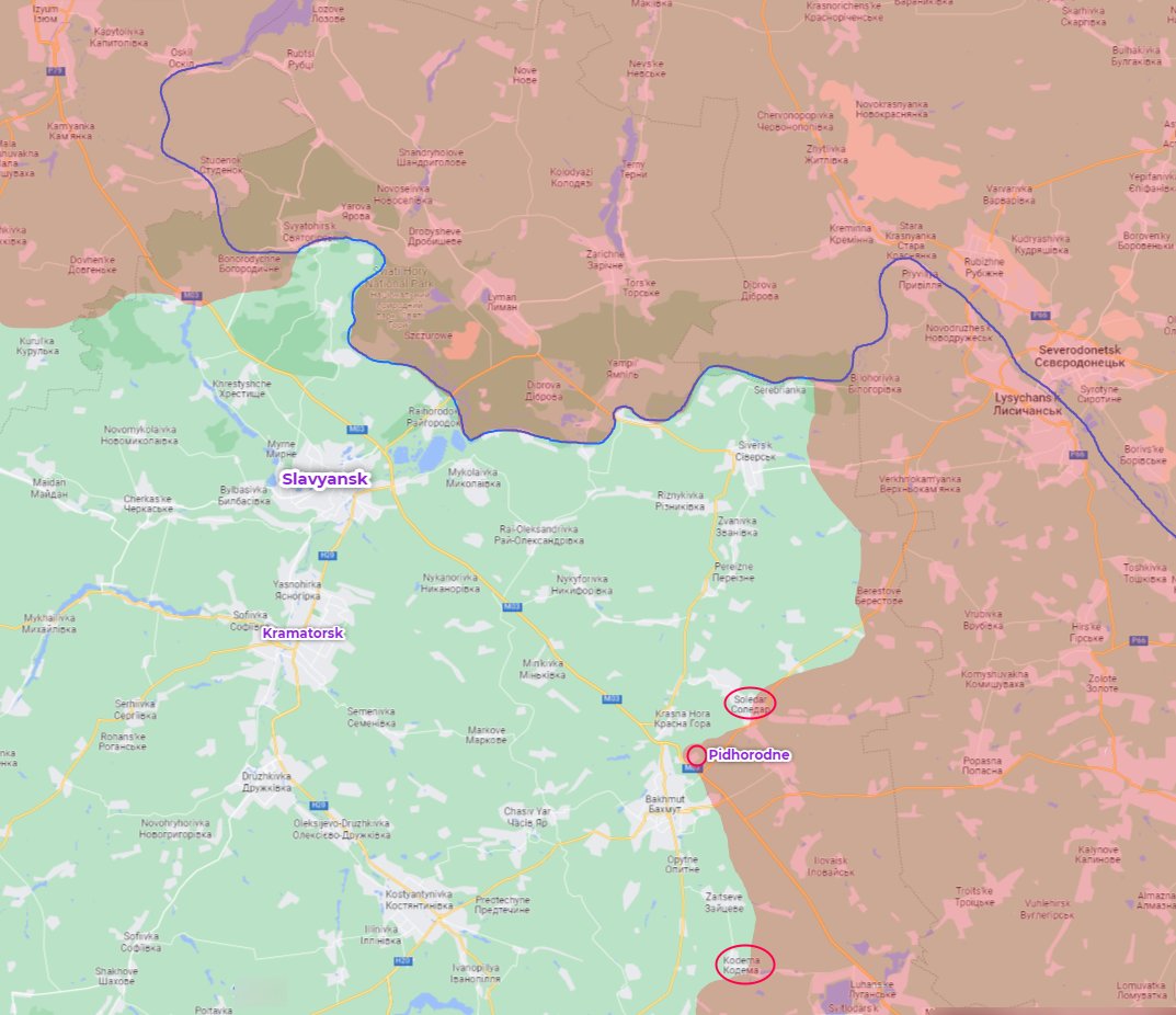 Unconfirmed reports that the RF forces and allies took control of Pidhorodne, which means that the east of Bakhmut is completely blocked. Fighting takes place in Kodema and Soledar. The next step will be to take control of the road North and South of Bakhmut.