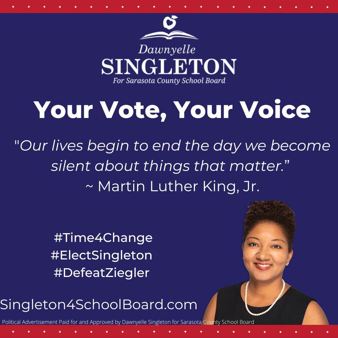 electsingleton1's tweet photo. Dawnyelle Singleton needs your vote to defeat Moms for Liberty co-founder Bridget Ziegler. We know education matters to you, children matter to you, teachers matter to you, but we need you to ensure everyone knows it. Your vote is your voice. Do not stay silent. #DefeatZiegler https://t.co/s5ne4yJgIc