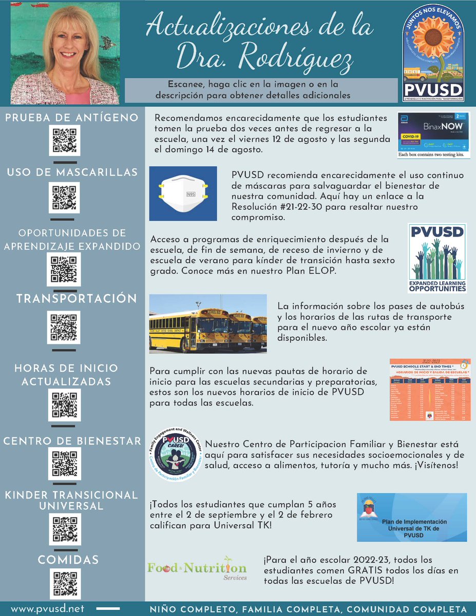 En #PVUSD estamos listos para dar la bienvenida a estudiantes y familias al año escolar 2022-23 el lunes 15 de agosto. Aquí está la carta de bienvenida de la Dra. Rodríguez con actualizaciones importantes para tener en cuenta.
tinyurl.com/2kkfoou9
<a href="/mlrod32/">Dr. Michelle Rodriguez</a> <a href="/PVFT/">PVFT</a> <a href="/pvusd_merit/">PVUSD Personnel Commission</a>