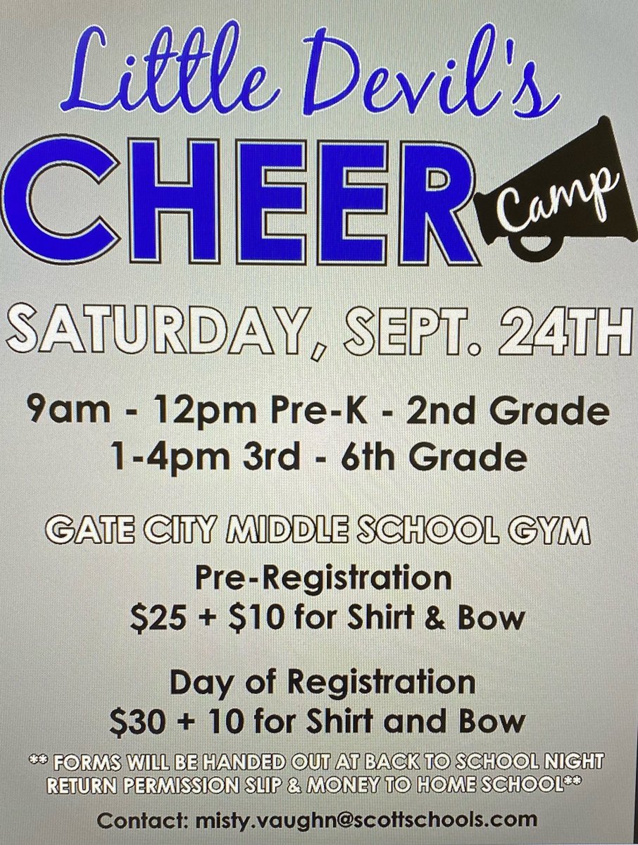 cheer_devils's tweet image. So excited to offer this exciting opportunity for our Little Devils!  

GCHS Cheerleaders will be at the local elementary schools on August 11 during their open houses to hand out forms. 

Please feel to reach out to misty.vaughn@scottschools.com for more information.