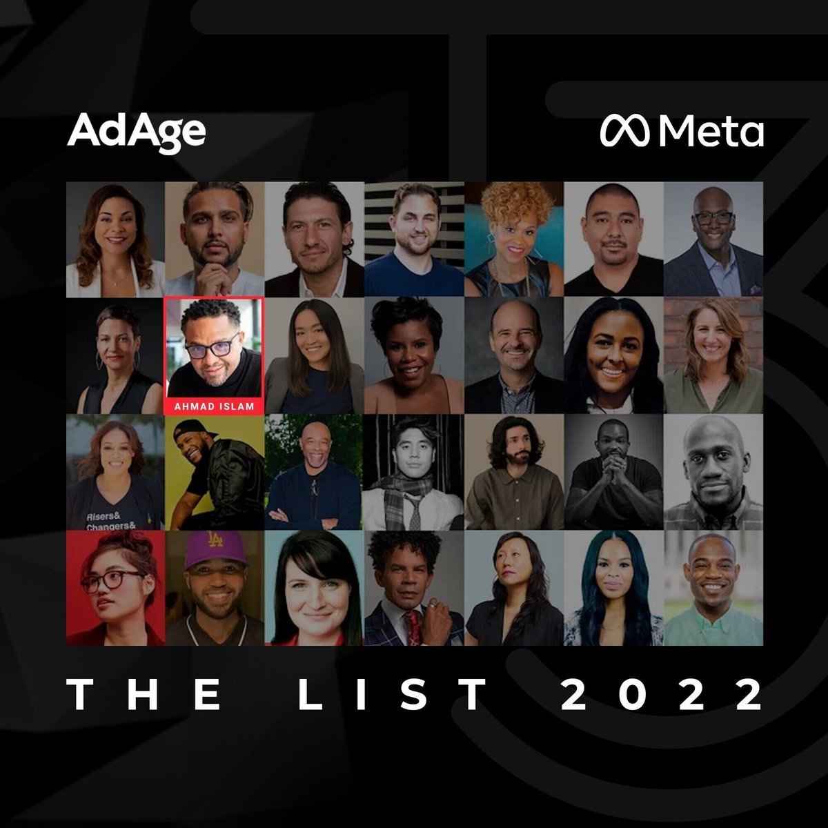 Our co-founder/CEO, Ahmad Islam, was selected by <a href="/adage/">Ad Age</a> and <a href="/meta/">Meta</a> to join the The List and its Generation Next program, which was created to address underrepresentation, DE&amp;I and work-life balance in advertising and marketing. bit.ly/3p5eJM8

#DEI #RepresentationMatters