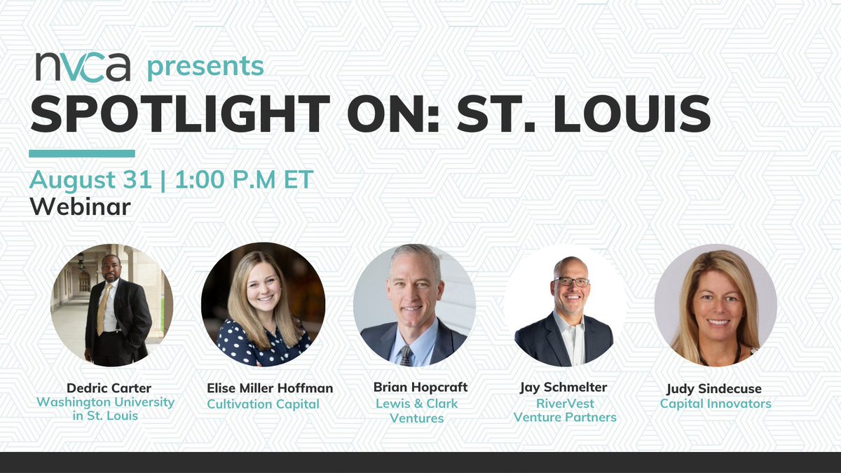 nvca's tweet photo. 🗓️ Aug. 31: Join us to discuss the #innovation community in #StLouis with:

▶️  @dedriccarter, @WUSTL 
▶️ @leesie523, @CultivationCap 
▶️ Brian Hopcraft, Lewis &amp; Clark Ventures 
▶️@JaySchmelter, @RiverVest 
▶️Judy Sindecuse, @CapInnovators 

🔗 Register: https://t.co/4iVXdWkGJM https://t.co/ITjeacUKLj