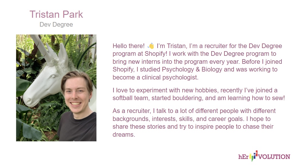 hEr_VOLUTION's tweet photo. We were happy to have Tristan Park, a recruiter for the Dev Degree program from @Shopify, to deliver todayโs #STEMingUP session on Dev Degree.
This session discussed Shopifyโs #devdegree program and tips for preparing a successful application!
#learning #education #stem https://t.co/0PnjT0G2zj