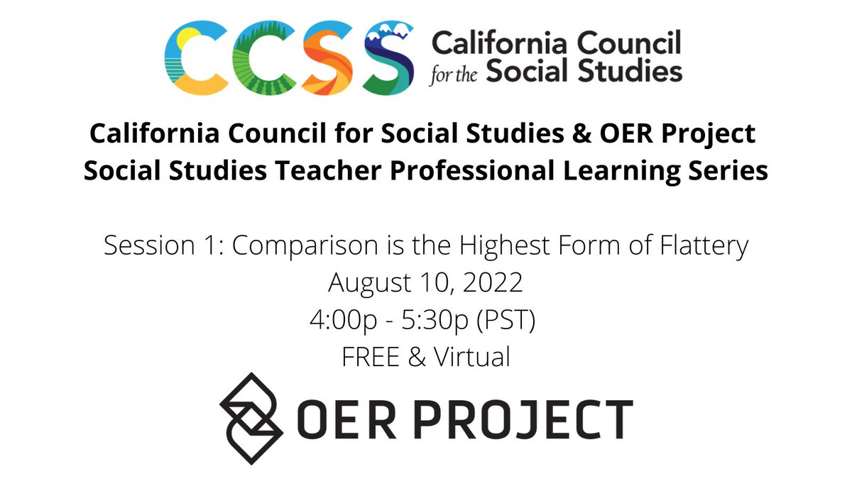 CAsocialstudies's tweet photo. Join the 1st CCSS &amp; @OERProject Social Studies Teacher Professional Learning Series event on Aug. 10! This FREE virtual series will explore skills &amp; give you new tools that help students make sense of social studies content. Register at https://t.co/CR57w3Sa52 #sschat #caedchat https://t.co/FwTqqAPR9v