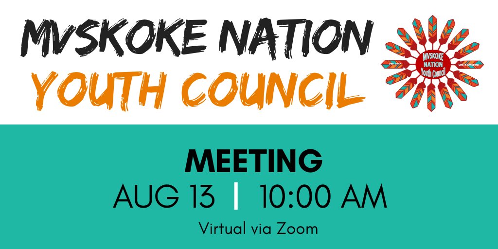 This month's Mvskoke Nation Youth Council meeting will be via Zoom starting at 10 AM! We welcome Mvskoke Youth ages 12-24 to attend and see what it's all about.

Register for the meeting at:
mvskokeyouth.com/event-registra…