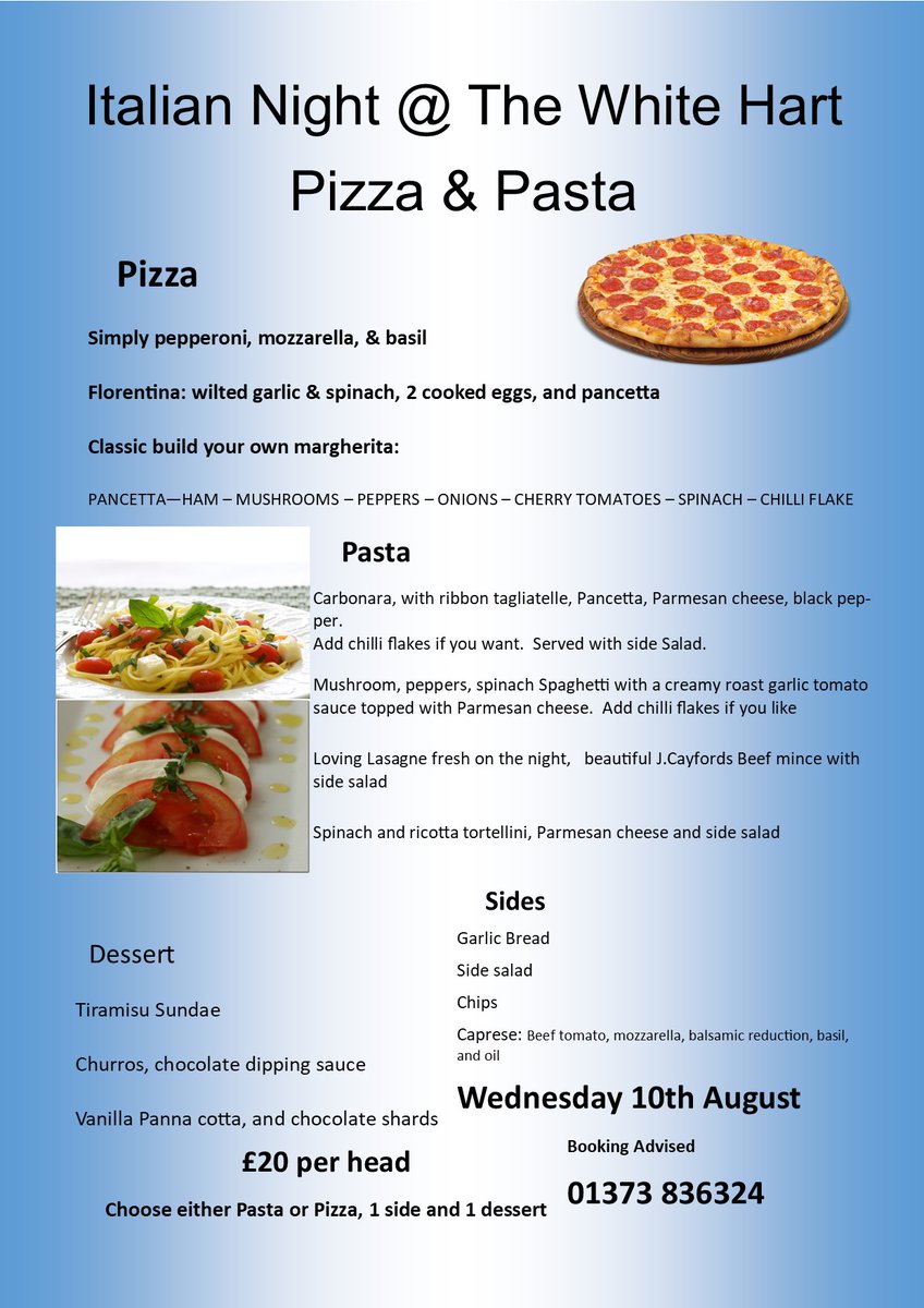 WhiteFrome's tweet photo. π Join Us For Our Special Pizza & Pasta Night At The White Hart, Tomorrow Evening,
- Delicious choices of home cooked Pizza & Pasta dishes.
- Booking advisable on 01373 836324 or at https://t.co/3G2J55Im2X
#frome #nunney #wanstrow #batcombe #bruton #mells https://t.co/Ac6k3yZ1jX