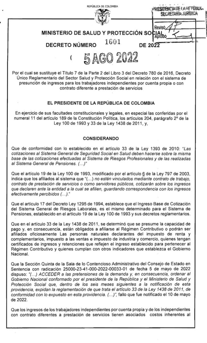 Últimos decretos expedidos bajo mi administración: 1. Modelo de atención  regionalizado 2. Extensión ASUE 3. Programa de Atención a Víctimas  (PAPSIVI) y 4. Protección a trabajadores independientes des afiliados.  @MinSaludCol, image size:726x1200