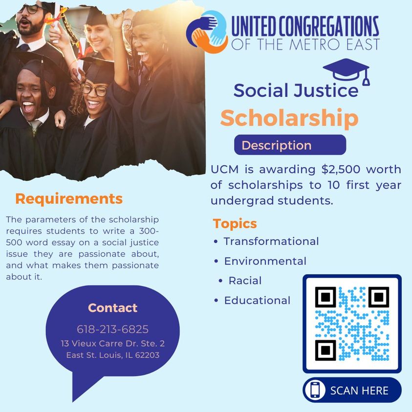 ***COLLEGE SCHOLARSHIP OPPORTUNITY***
United Congregations of Metro East is providing the opportunity to award $2,500 worth of scholarships to 10 first year undergrad college students.  DEADLINE is August 12, 2022. click the link below to apply. 
secure.everyaction.com/-Sft1Y24jUOZPw…