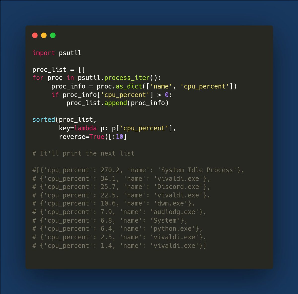 AlfonsoAreizaG's tweet image. How to get the current ten process (PID) who are consuming the most cpu in percent, of course using python #psutil #cpu_percent