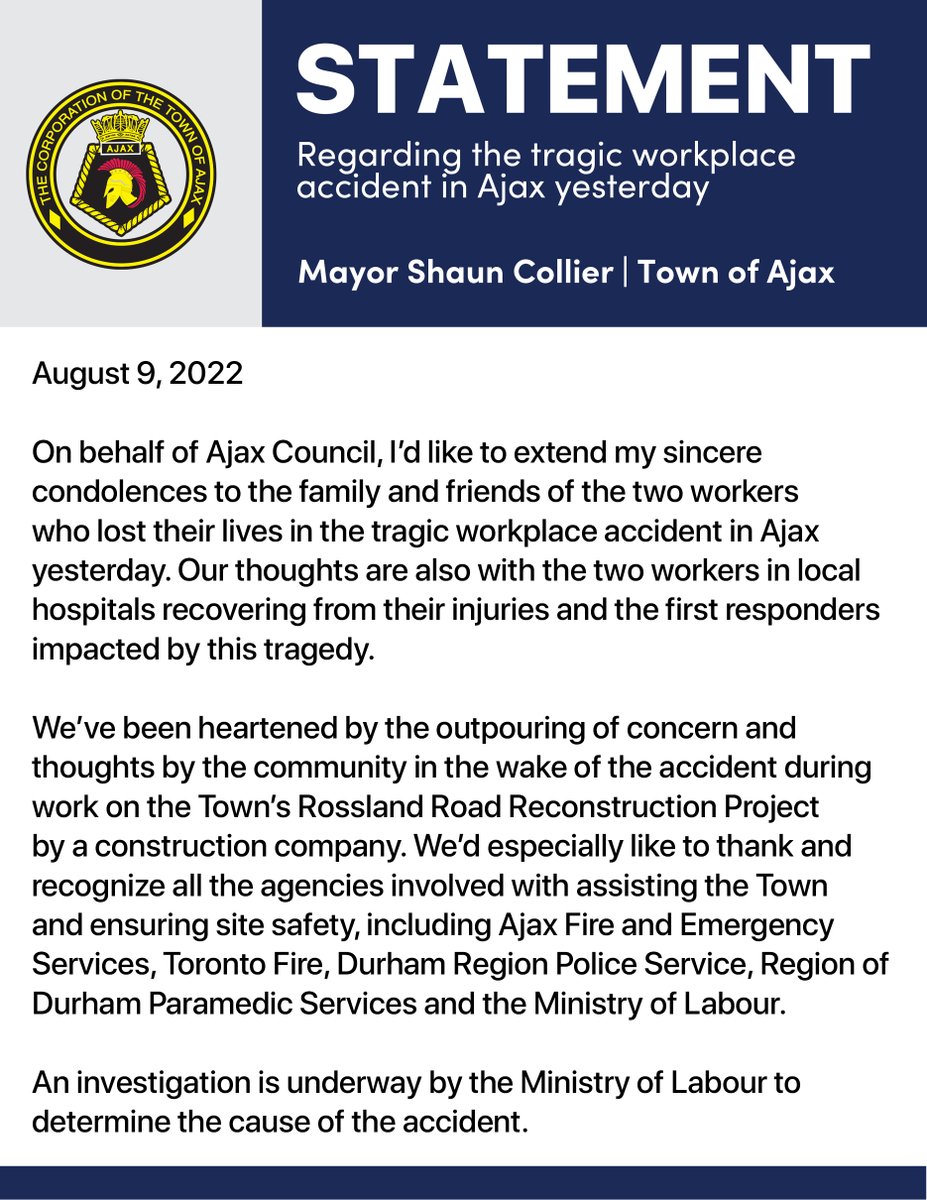 TownOfAjax's tweet photo. Statement from Mayor Collier regarding the tragic workplace accident in Ajax yesterday. https://t.co/psDfGCJHGr