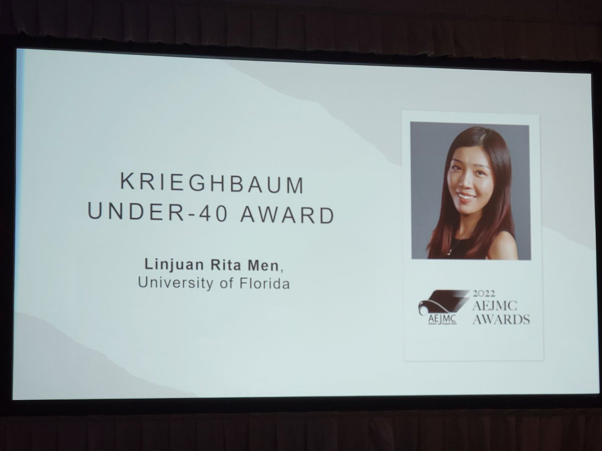 At last week's #AEJMC22 conference, Dr. @RitaMen_UF received the Krieghbaum Under-40 Award, which honors members who have shown outstanding achievement in teaching, research and public service. Congrats, Dr. Men, and thank you to all who represented us at the conference!🌟